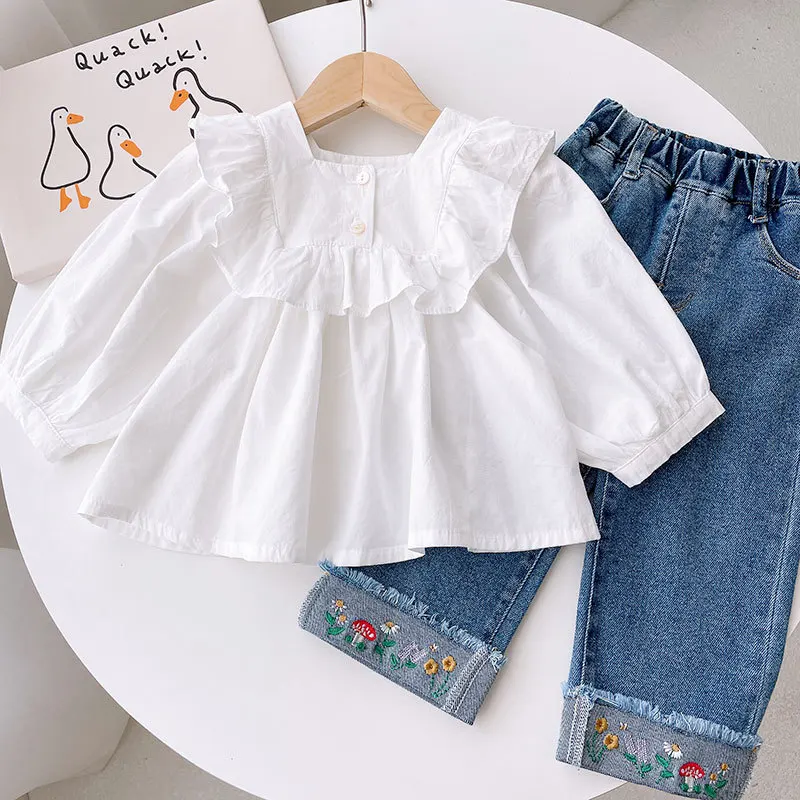 Korean children clothing girl white long sleeved doll shirt stylish baby ruffle edge shirt baby children top clothes