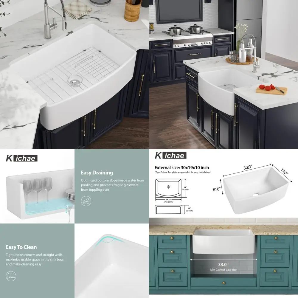 

Curved Apron Front Farmhouse Kitchen Sink 30x19 Inch White Fireclay Ceramic Porcelain Single Bowl with Large Capacity and Stylis