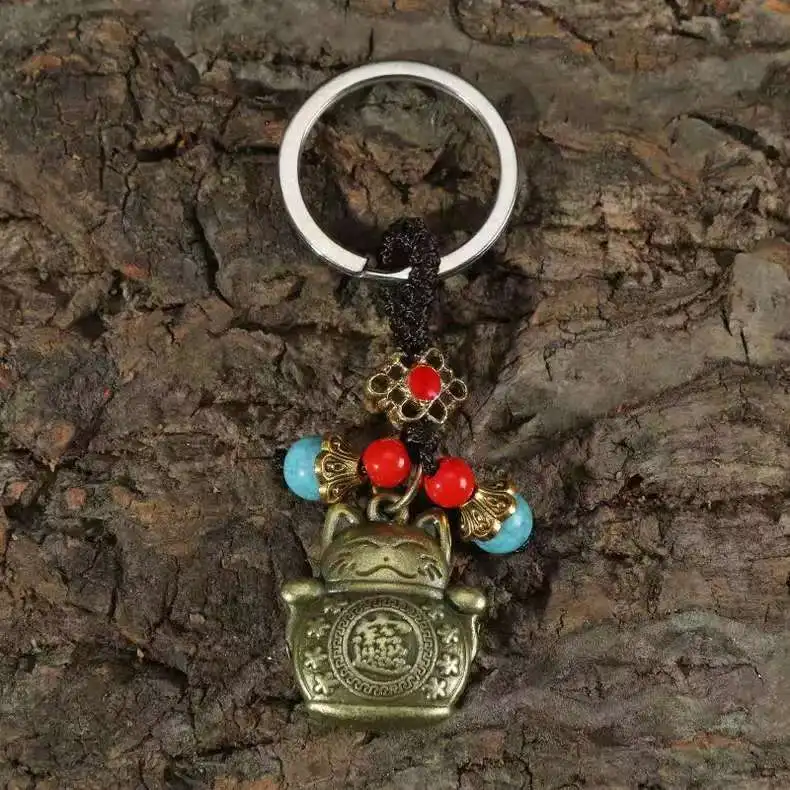 lucky keychain Vintage Pure Handmade Lucky Cat Car Keychain Lucky Cat Five Emperors Money Keychain Feng Shui Coins Solid Lucky K