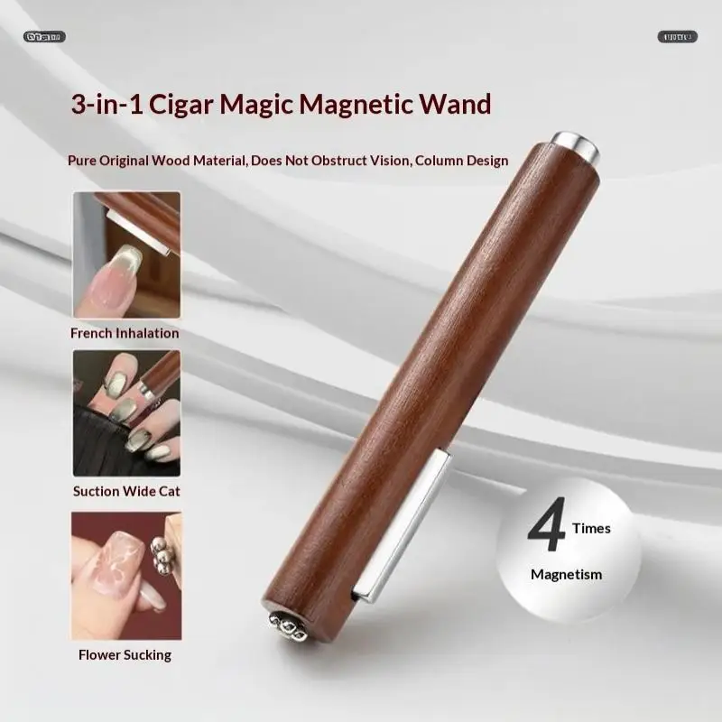 3-in-1 Cat Eye Nail Magnet Wand Wooden Handle Strong Magnetic Stick for DIY Gel Nail Art Home Salon Manicure Use