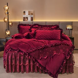 AI WINSURE Winter Embroidered Velvet Duvet Cover Set King Double Queen Size 4pcs Bedding Set Lace Bedspread with 2 Pillow Shams