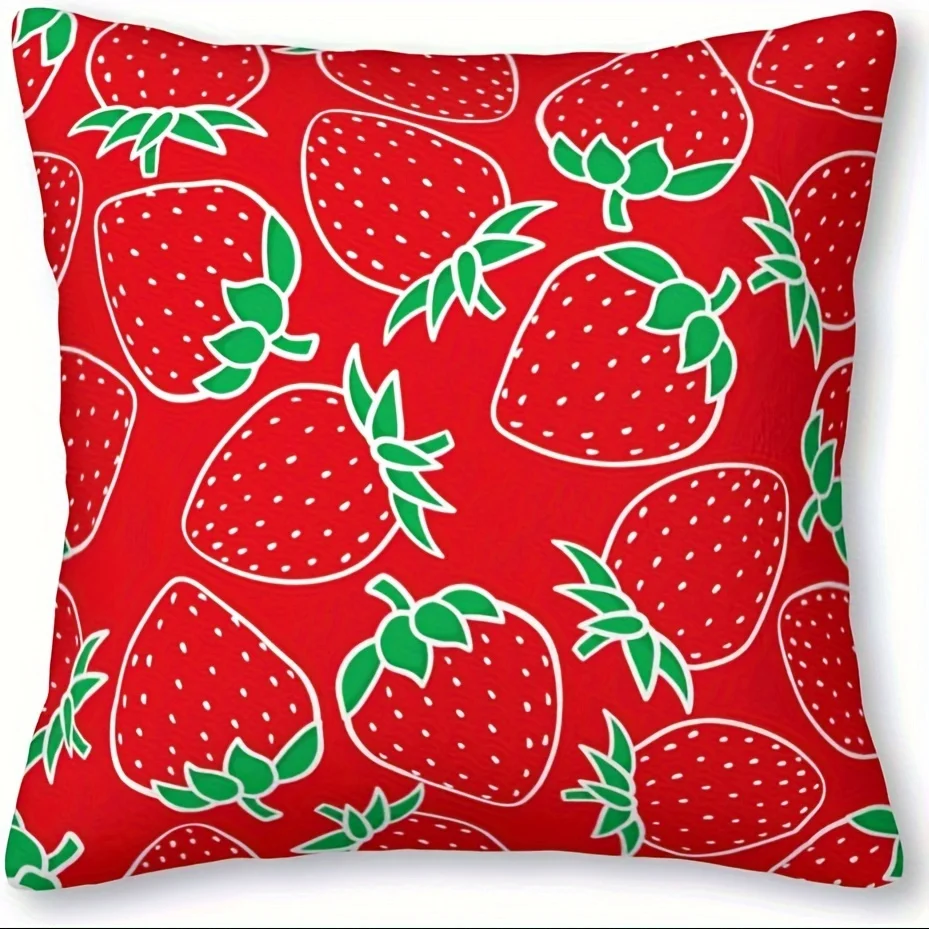 1pc Polyester Plant Hand-Painted Red Illustrations Of Strawberries Art Fruit Pillow Covers Pillowcases For Home Decoration Suita