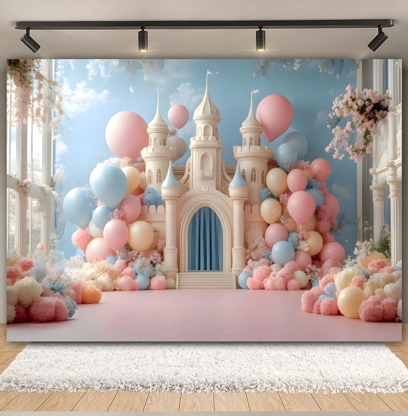 Castle Balloon Photography Backdrop Balloons Flowers Palace Wall Door Birthday Party Kids Portrait Background Photo Studio Props