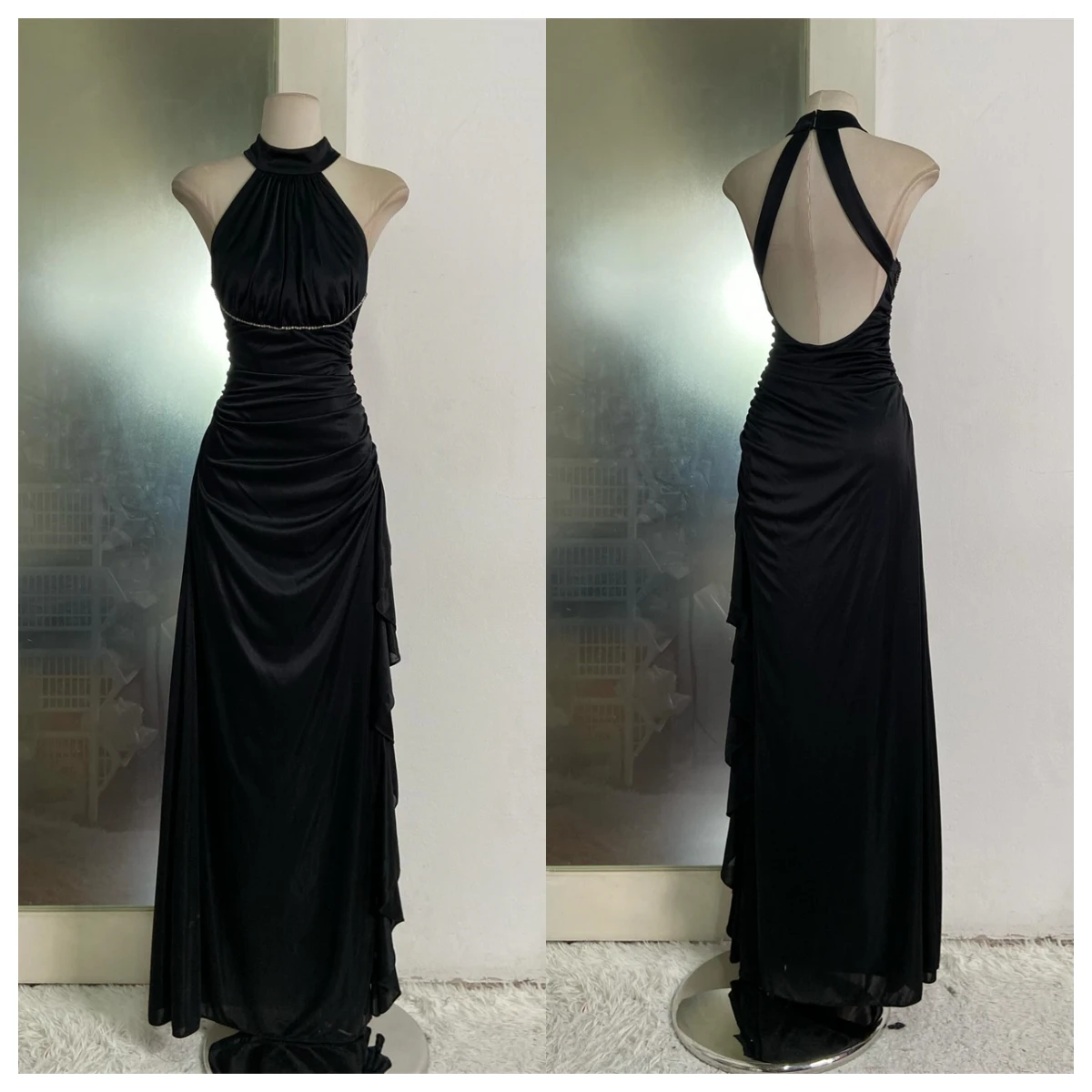 Vestido de noche de gasa negro personalizado de alta calidad, sin mangas, con cuello Halter, para ocasiones especiales, fiesta nupcial, espalda abierta, moda