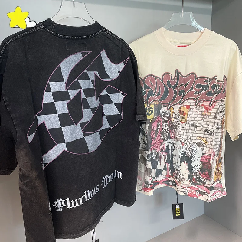 

Summer Vintage Washed Black Apricot God Speed T-Shirt Top Quality Cotton Tee Skeleton Digital Print Godspeed T Shirt With Tags