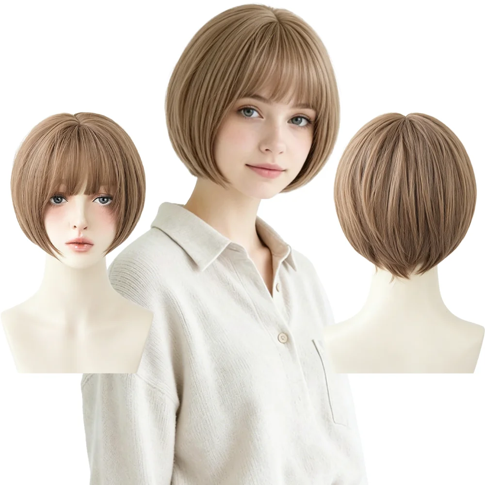 

12 Inch Short Bob Wig With Bangs Milk Tea Brown Heat Resistant Synthetic Wigs For Women Natural Looking Daily Cosplay Party Hair