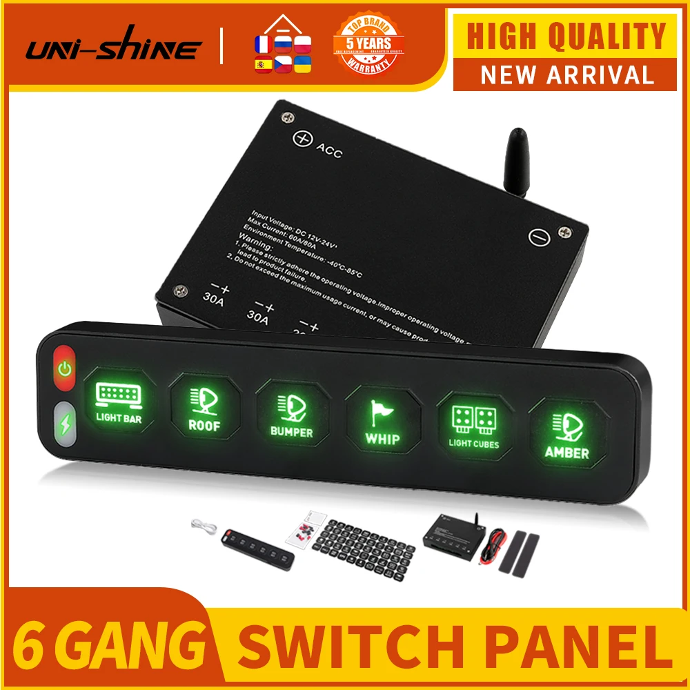 UNISHINE 6 Pannello di controllo Touch Control wireless Relè elettronico multifunzione RGB Fare clic lampeggiante per auto 4x4 Barca 12V 24V
