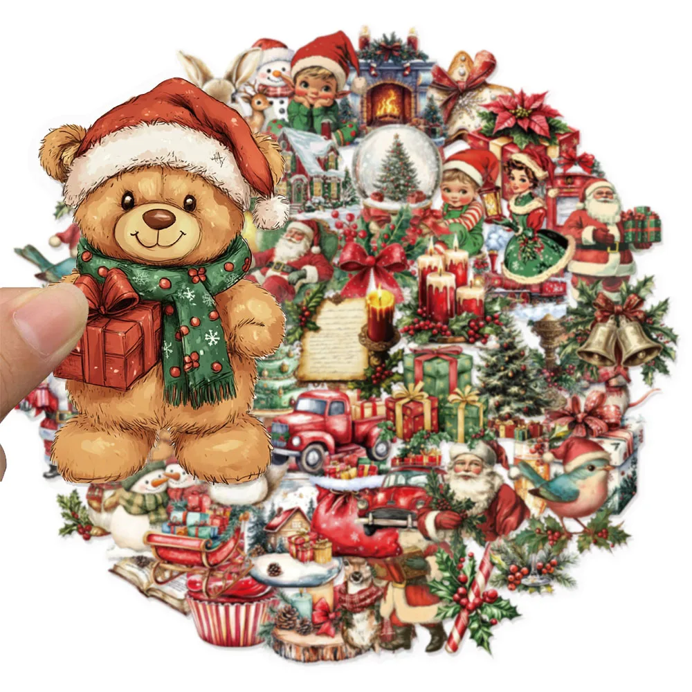 50PCS Retro Christmas Fun Stickers Set Waterproof Transparent PET Booklet Decorative Laptop Tablet Waterproof Stickers