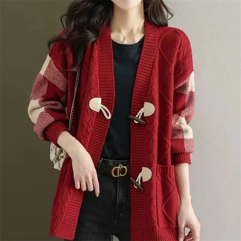 2023 Spring and Autumn New Female Fashion Cowhorn Button Mid Length Sweater Cardigan Coat Women\'s Lazy Loose Knitted Outwear