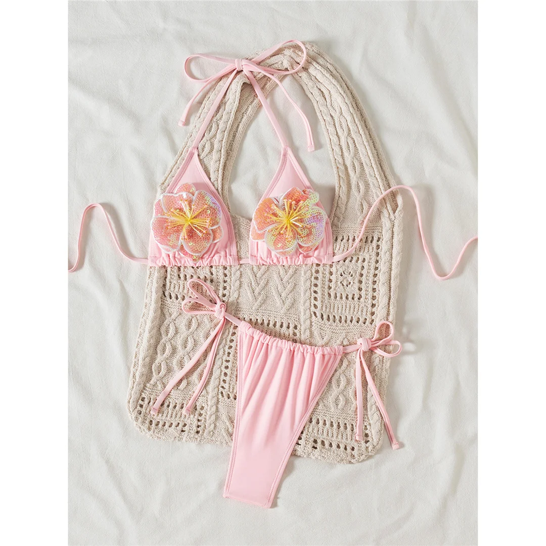 3D-Blumen-Neckholder-Bikini mit hohem Beinausschnitt, Damen-Badeanzug, zweiteiliges Bikini-Set, Badebekleidung, Badeanzug, Schwimmbekleidung V6962 – Detail 9