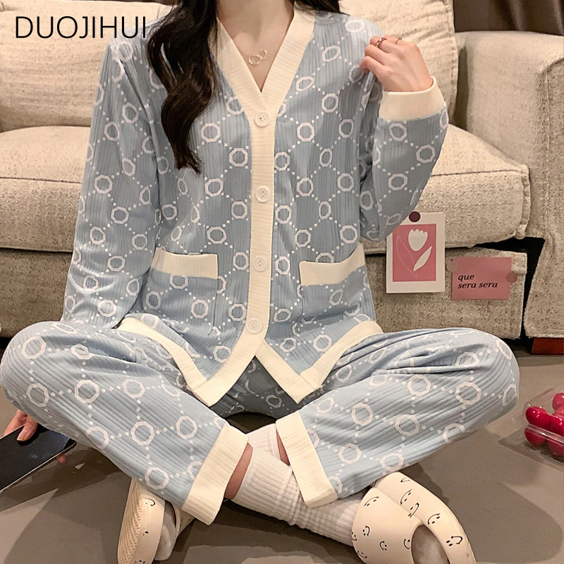 Duojihui Tweedelige Chic Contrast Kleur Huis Pyjama Voor Vrouwen Nieuwe Basis V-Hals Vest Eenvoudige Broek Mode Dames Pyjama Set