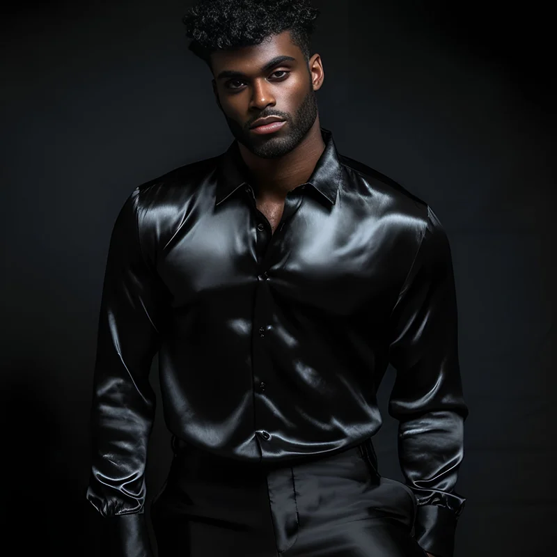 Herren Satin Luxus Hemden Mode Seide Glatt Männlich Smoking Hemd Solide Hochzeit Party Prom Casual Hemd Business Büro – Detail 9