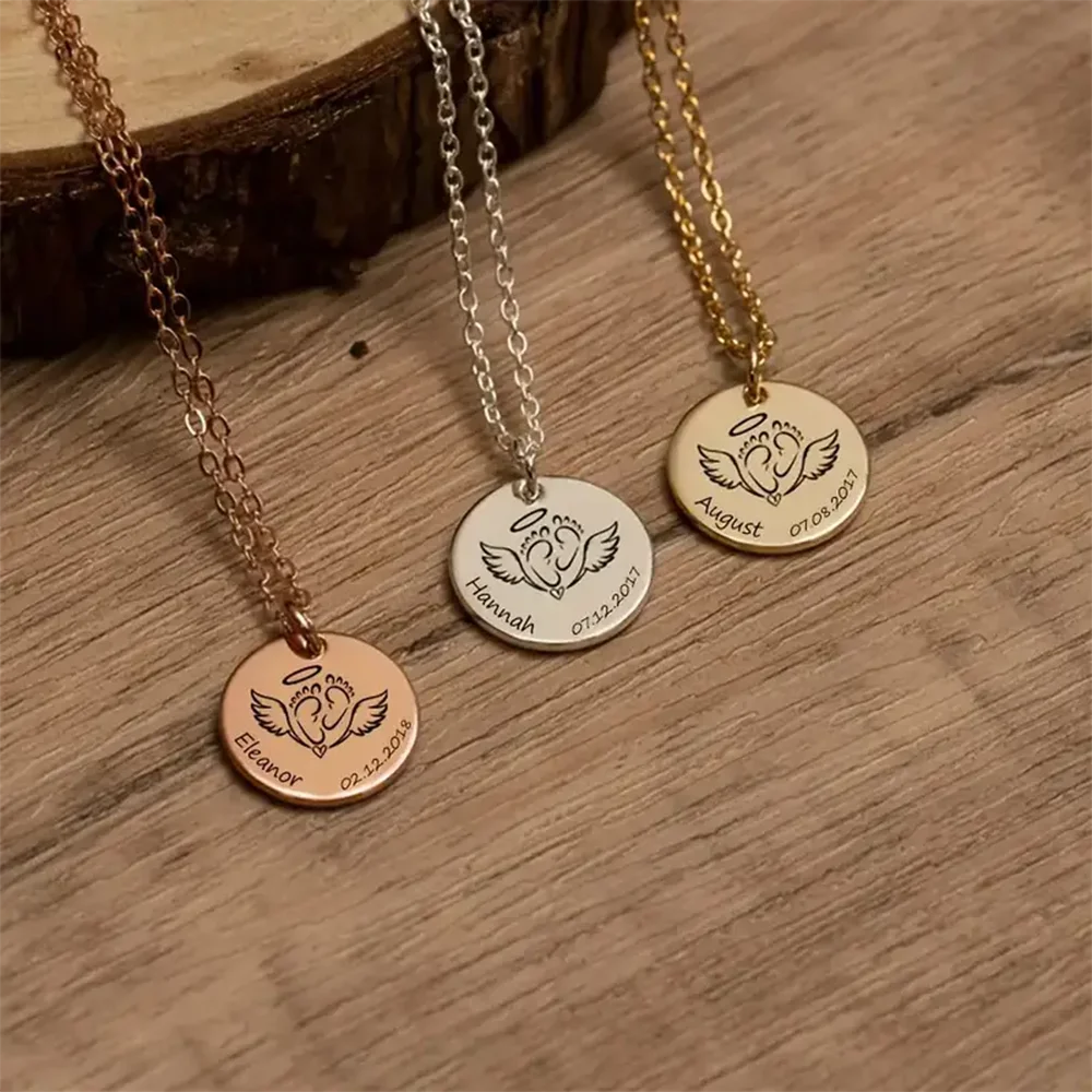 Personalized Memorial Necklace For Women Girls Engraved Name&Date Angel Keepsake Wing &Footprint Elegant Stainless Steel Jewelry