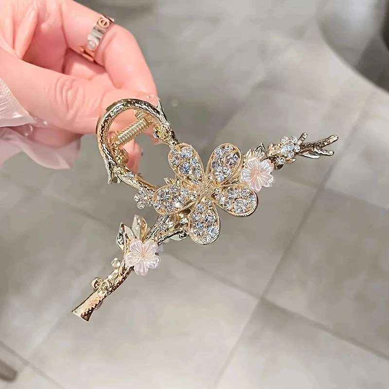 1PC zinc alloy rhinestone branch flower grab clip, high-end and versatile headwear, elegant light luxury hair accessories, suita