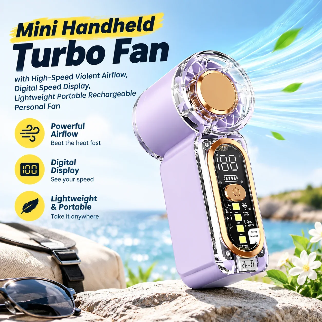 Mini Handheld Turbo Fan with High-Speed Violent Airflow, Digital Speed Display, Lightweight Portable Rechargeable Personal Fan