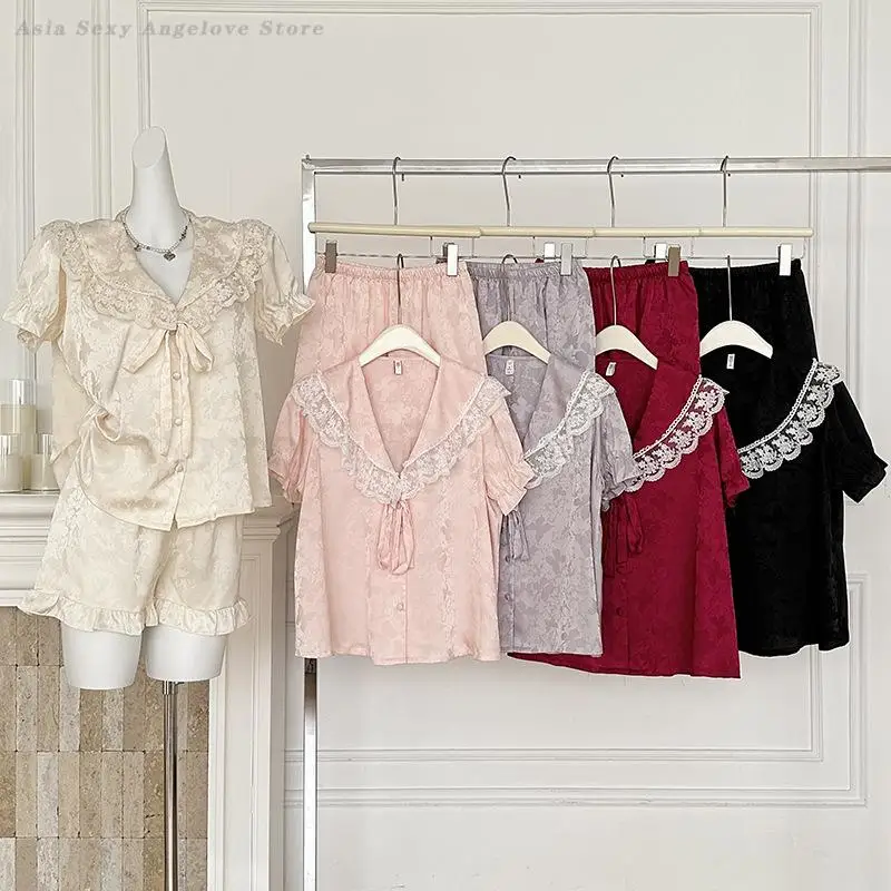 Short Sleeve Pajamas Suit Satin Sleepwear Button Down Top&Shorts Luxury Lace V-Neck Pyjama Femme Nightwear Loose Casual Homewear