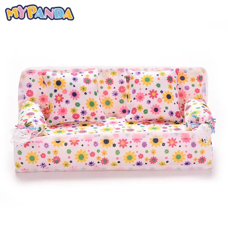 Flower Cloth Sofa Couch + 2 Cushions Cute Dollhouse Furniture Chair Living Room Doll Accessories For Doll House Girl Toy