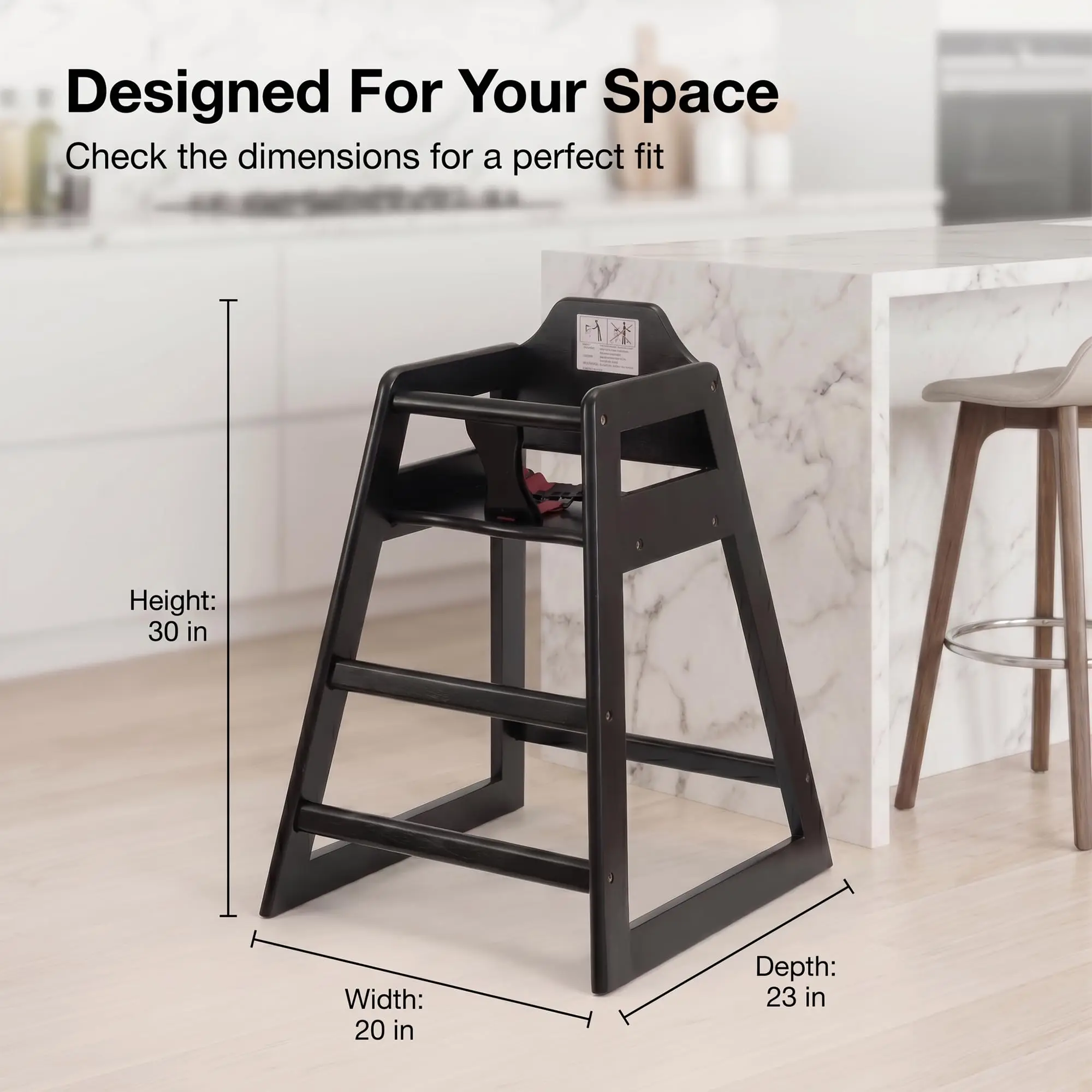 Black Wooden Restaurant High Chair – Stackable Rubberwood Dining Chair with Safety Bar, Easy-Clean Finish, Commercial