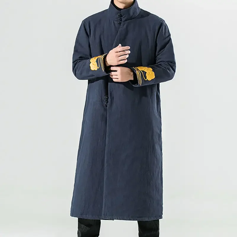 Chinese Stand Collar Embroidered Long Sleeved Hanfu Robe Men's Clothing Fashion Tang Suit Cotton Coat Thickened Cotton Coat