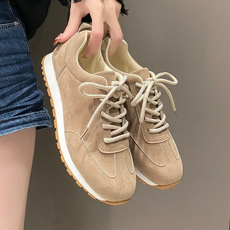 2024 Spring/Summer/Autumn New Classic Suede Retro Round Headed Lace up Flat Bottom Casual Large Size Single Shoes for Women