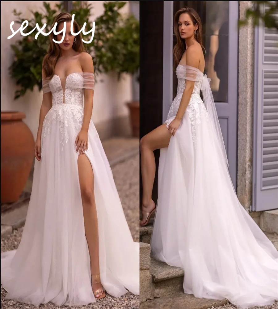 Minimalista fada boho vestido de casamento fora dos ombros alta fenda boêmio vestido de noiva uma linha tule gatsby civil nupcial personalizado