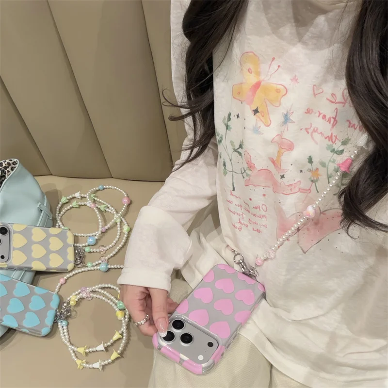Kawaii Mint Blue Heart Pattern Phone Case For iPhone 15 16 17 Pro Max Frosted Surface Blue Border Tulip Pearl Mix Bead Hand