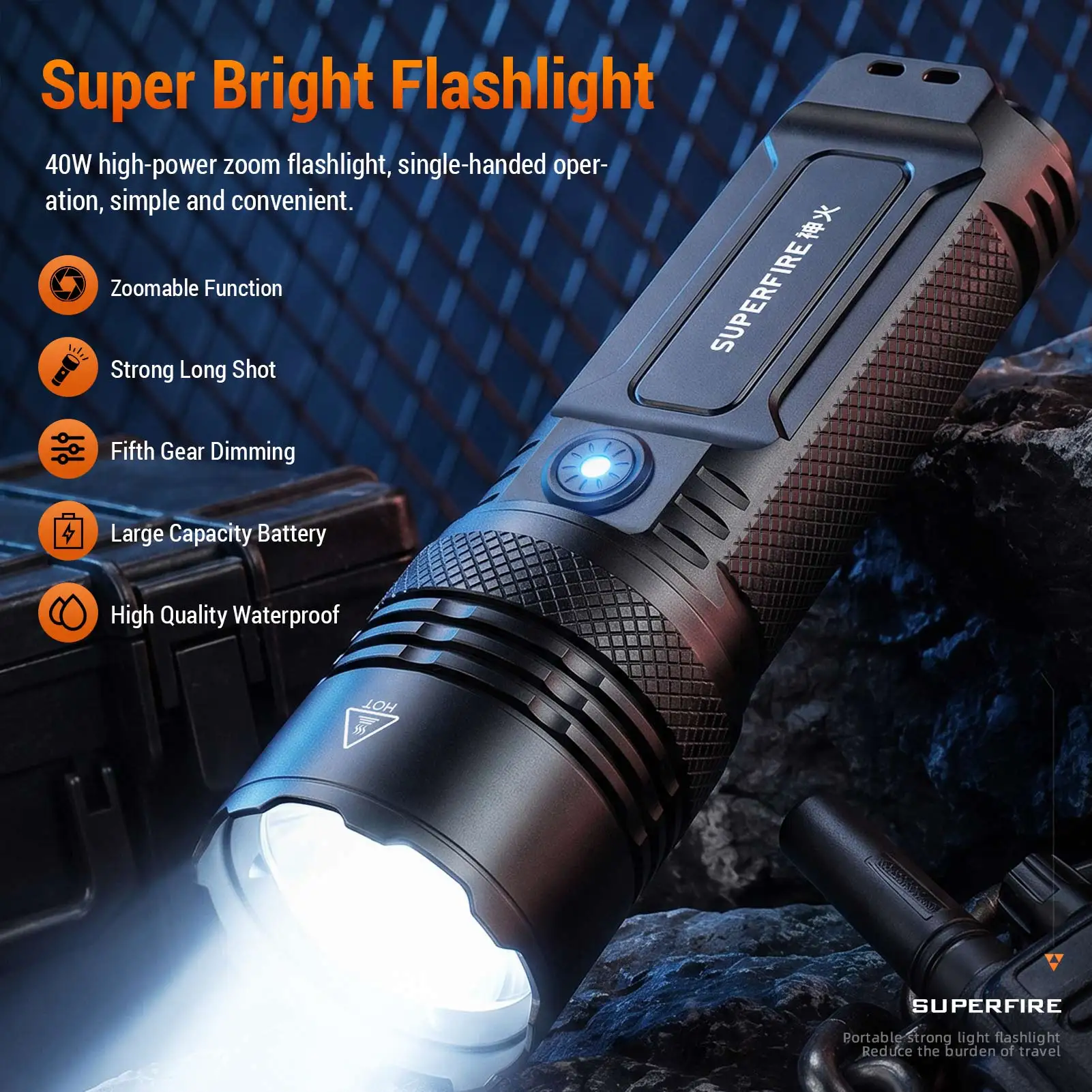superfire-y36-40w-led-zoom-flashlight-3100lm-super-bright-long-range-torch-21700-usb-c-rechargeable-aluminum-alloy-portable-for
