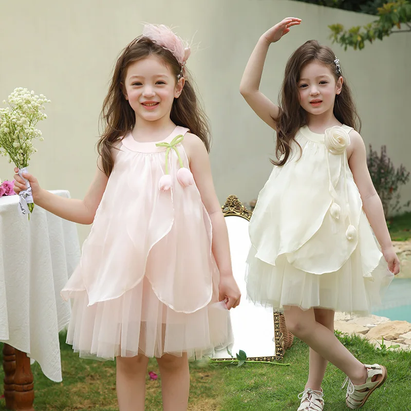 

Летнее кружевное сетчатое платье для девочек, милое платье-тюльпан с розами, детское платье на день рождения, модное повседневное платье