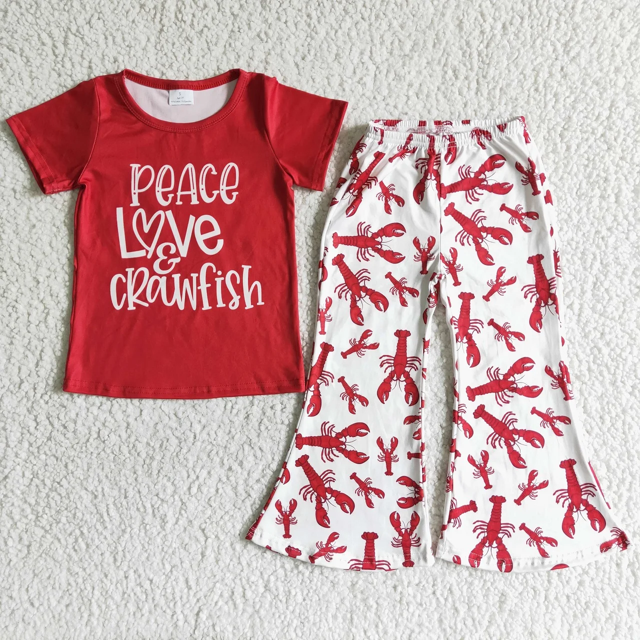 Promotion Baby Girl Short Sleeves Crawfish Clothes Red Shirt Pants Clothes Children Kids Two-piece Outfit