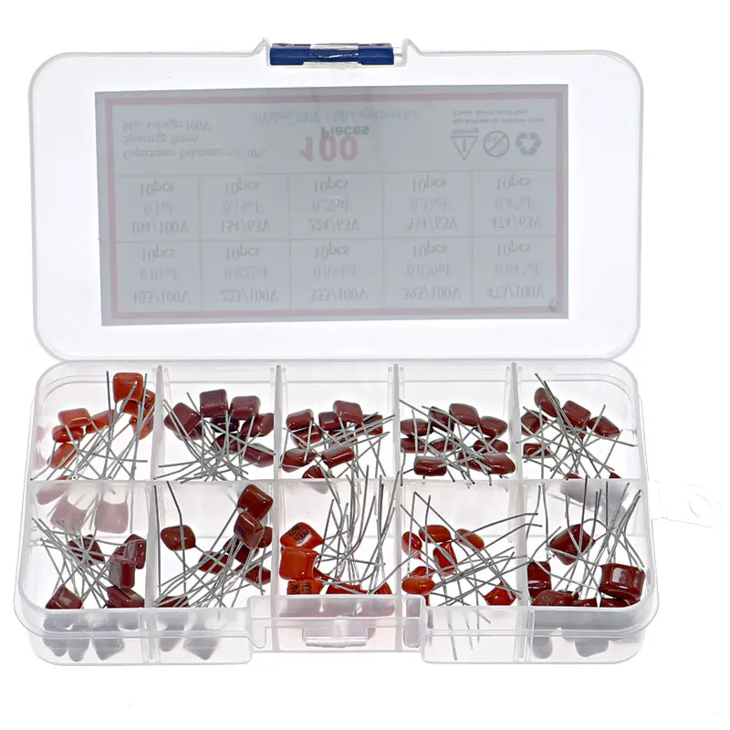 100pcs 10 Values CBB Polyester Film Capacitors Assortment Kit Box 10nF 22NF 33NF 39NF 47NF 100NF 150NF 220NF 330NF 470NF