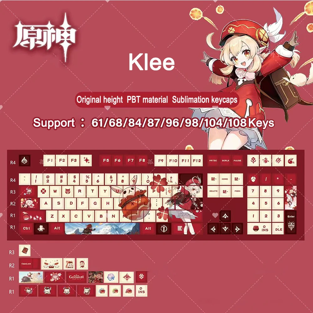 128 kunci Keycap dampak Genshin profil ceri PBT DYE-Keyboard mekanik sublimasi Keycap Anime Huao Keycaps MX Switches