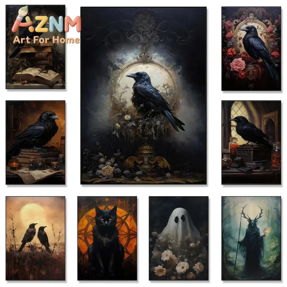 Victorian Gothic Fine Art Prints Black Cat Raven Canvas Posters Vintage Occult Dark Witchcraft Crow Decor Wall Painting For R
