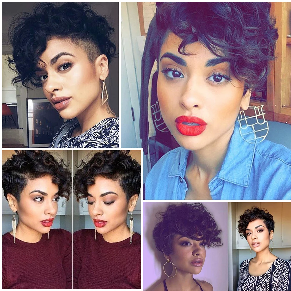 Parrucche brasiliane per capelli umani Taglio pixie a onde corte e sciolte con frangia pre-pizzicata per le donne Capelli umani al 100% fatti a macchina senza grovigli