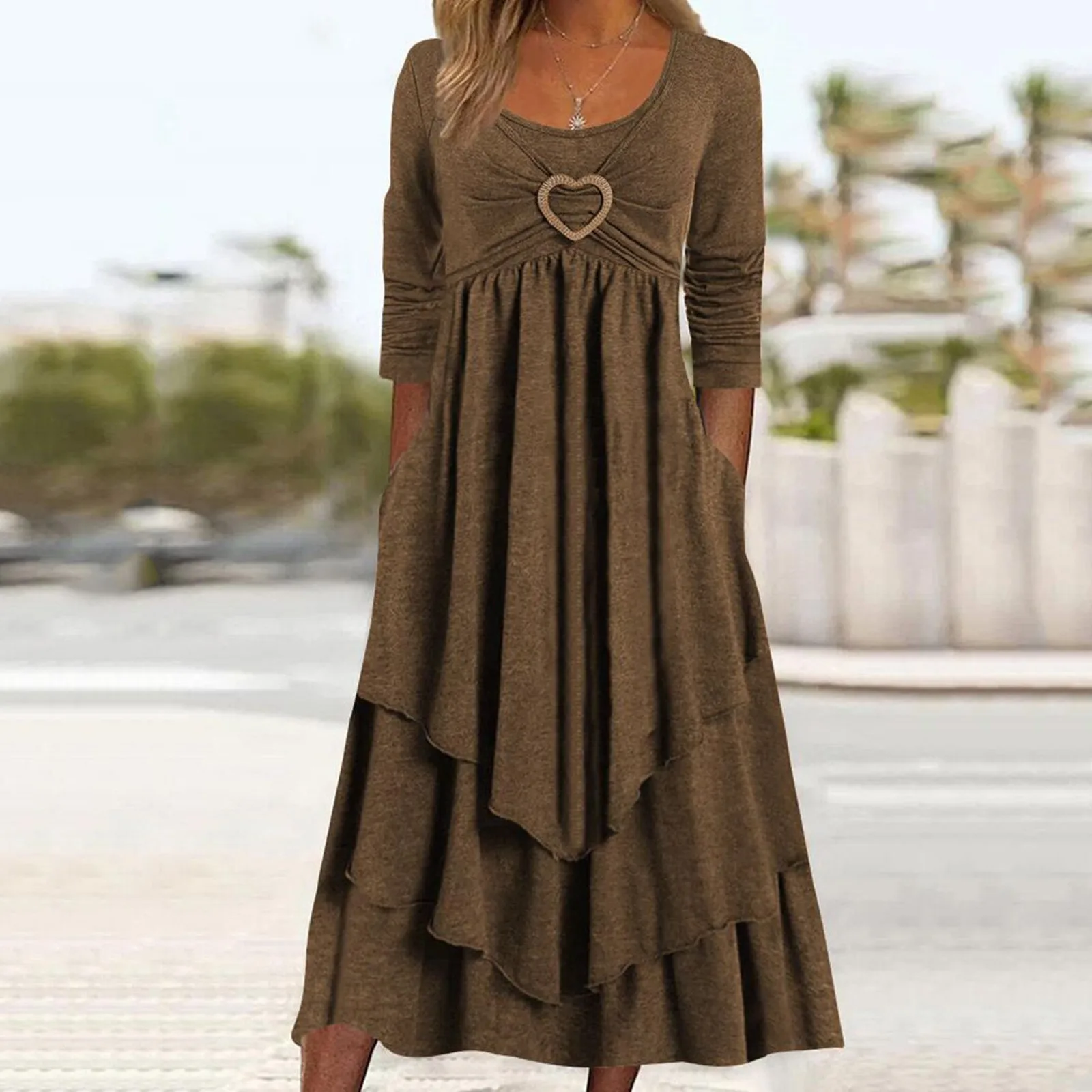 Elegant Dresses For Women Long Sleeve Heart-Shaped Pattern Dress Casual Loose Crewneck Flowy Ruched Dresses Solid Beach Dress