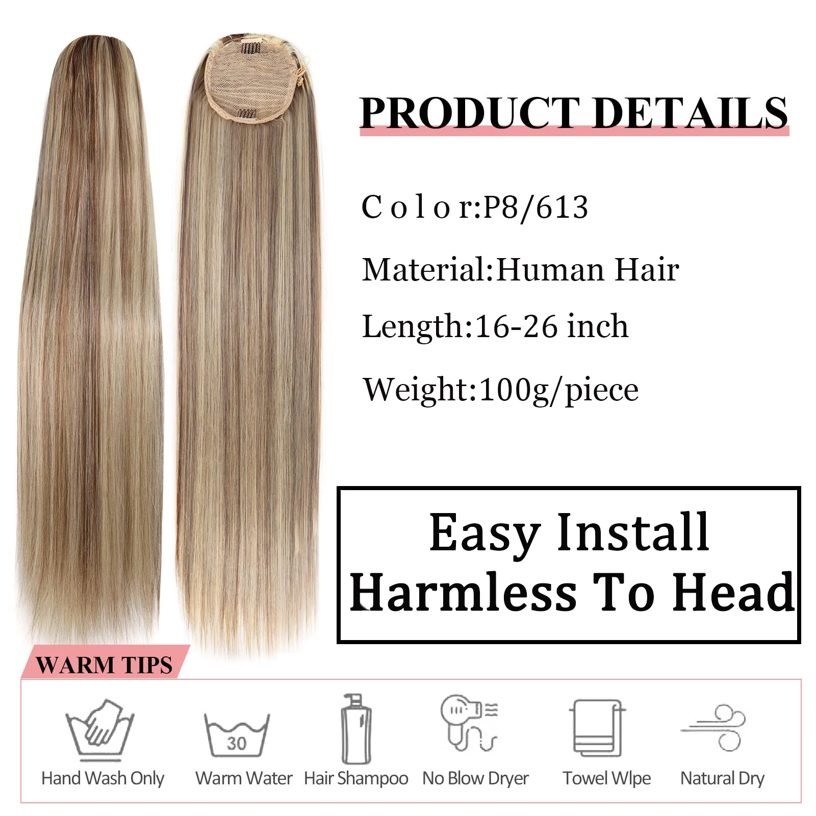 Human Hair Straight Ponytail Drawstring Extensions With Clip Color #P8/613 Brazilian Remy Hair 1 Piece For Women 18 20 22 Inch