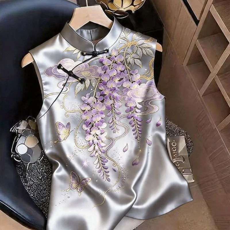 Sleeveless Flower Pattern Chinese Top National Style Button Top Retro High-end Tang Women's Top Looks Thin Temperament Commuting