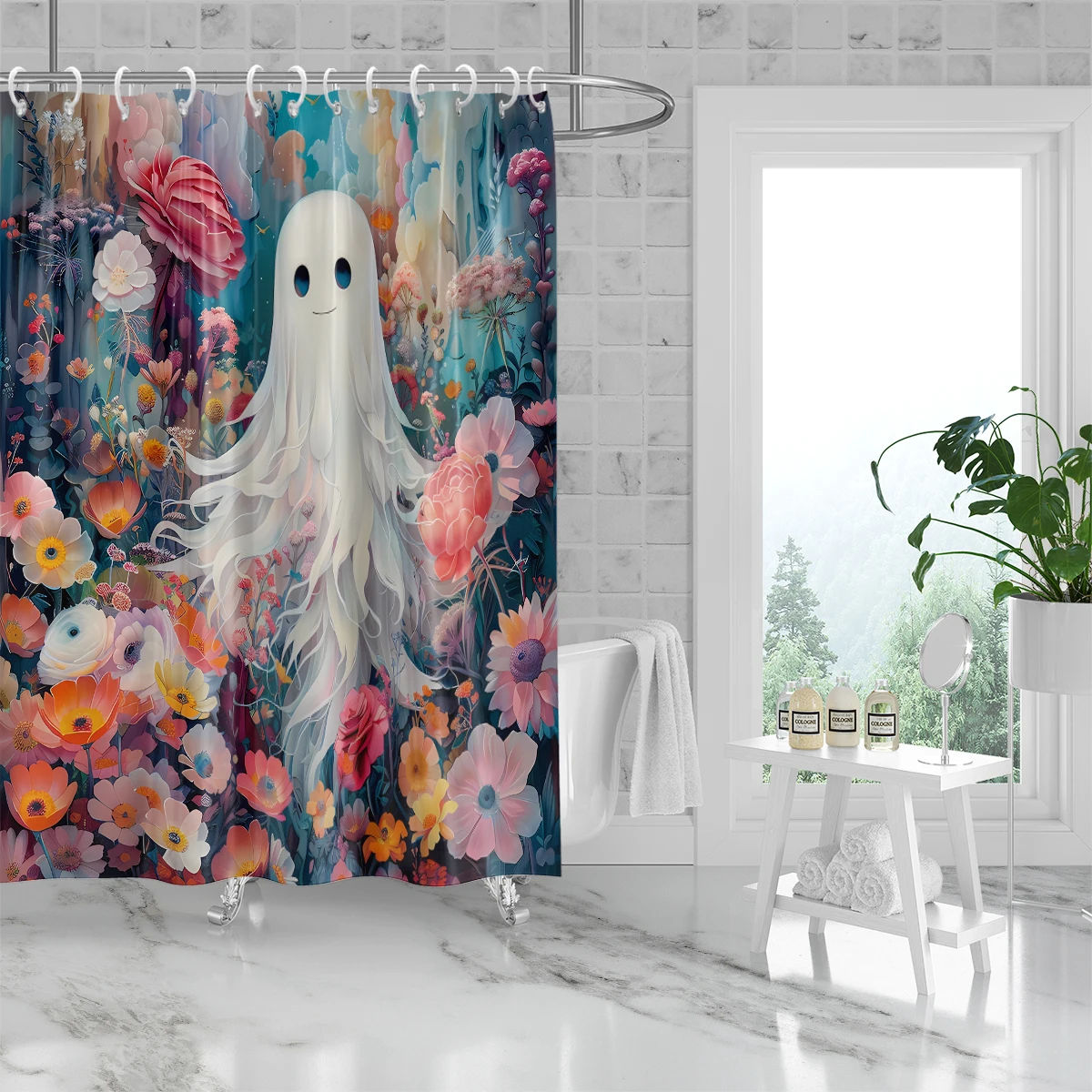 1 piece of Halloween cute ghost flower pattern printed shower curtain partition bathroom waterproof and mildew proof