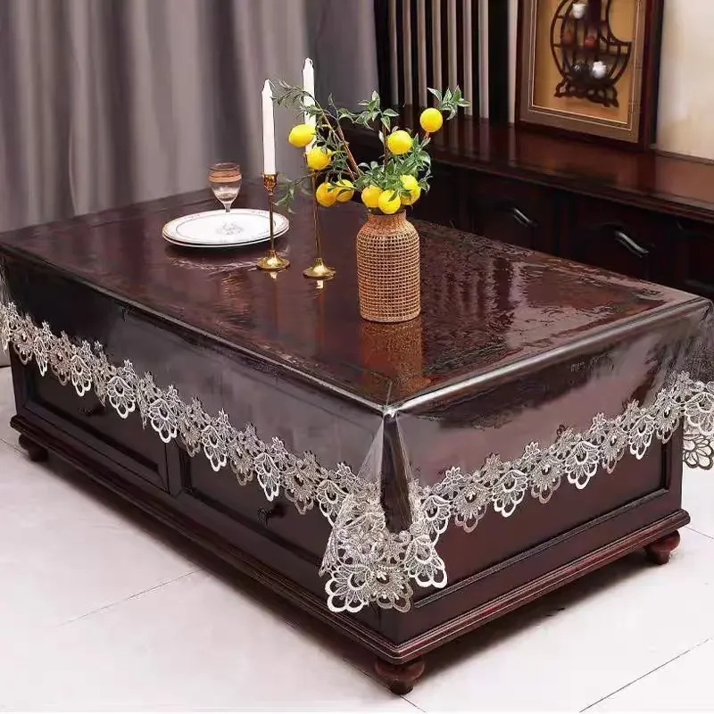 Transparent Dining Tablecloth PVC Waterproof Embroidery Lace Coffee Tables Cover Rectangular Party Home Decoration Accessories