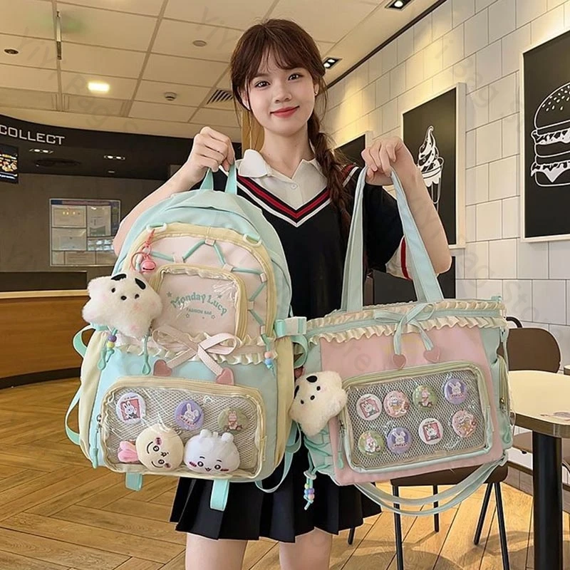 Kawaii Ita Bag Backpack Shoulder Bag Two Piece Set School Backpack For Anime Badge Pins Student Transparent Display Backpacks