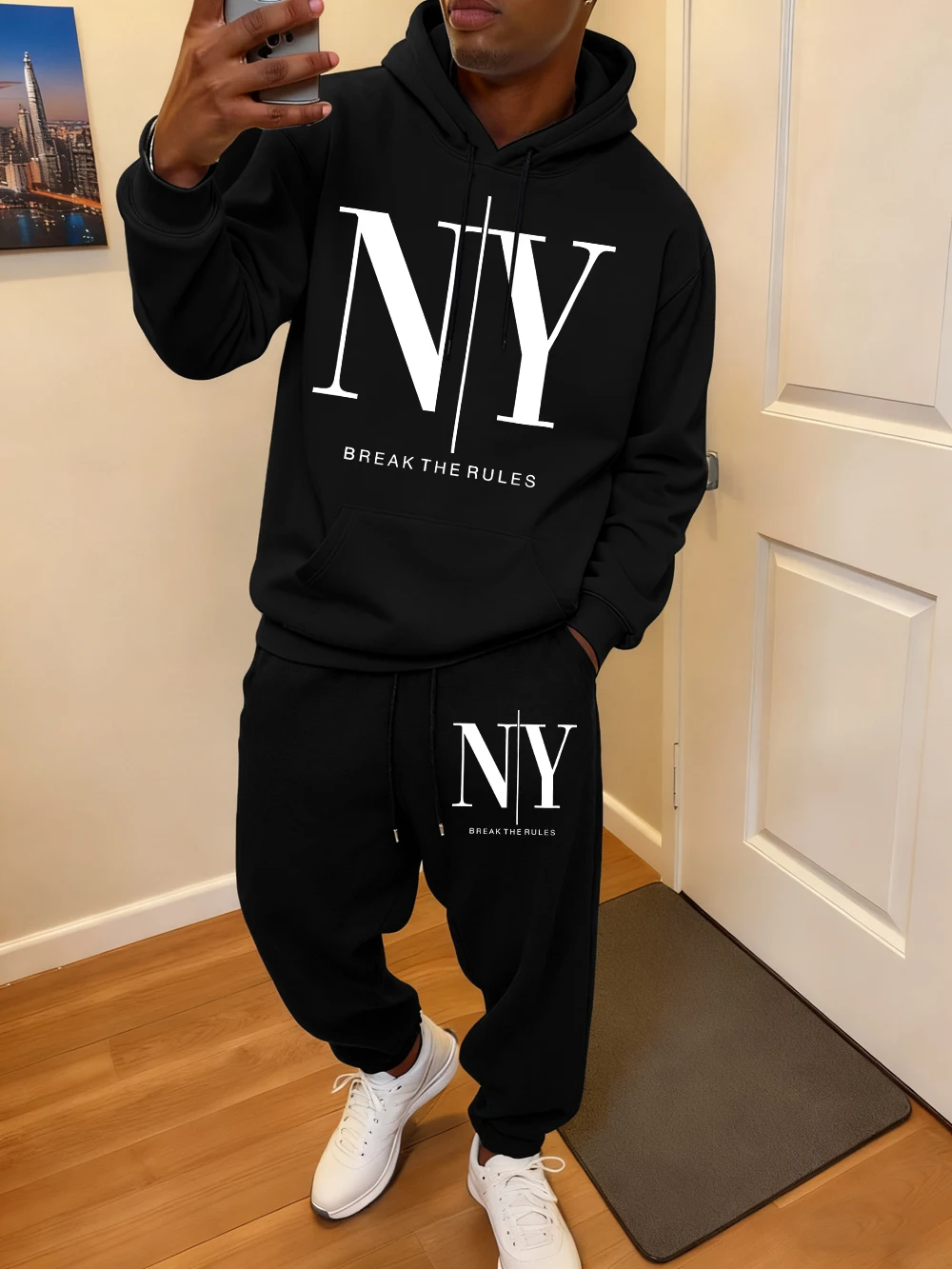 

2 Pcs Hoodies Set Men'S Break The Rules Yes No Printed Sweatpants Autumn Pocket Loose Jogging Outfits Casual Fleece Warm Clothes