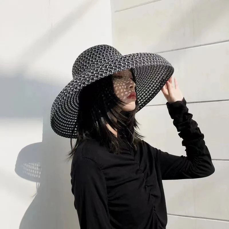 Summer PP black and white straw hat sun hat sunscreen holiday seaside beach big brim summer sun hat sun hat