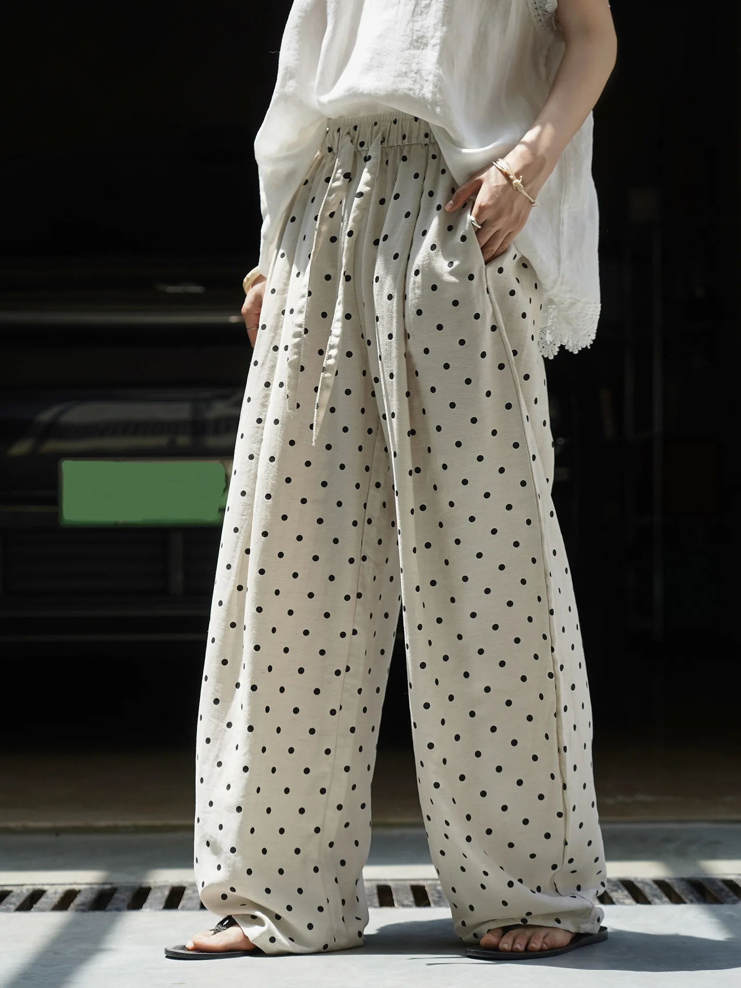 Pantalon d'été décontracté à pois pour femmes, imprimé, taille haute, ample, jambes larges