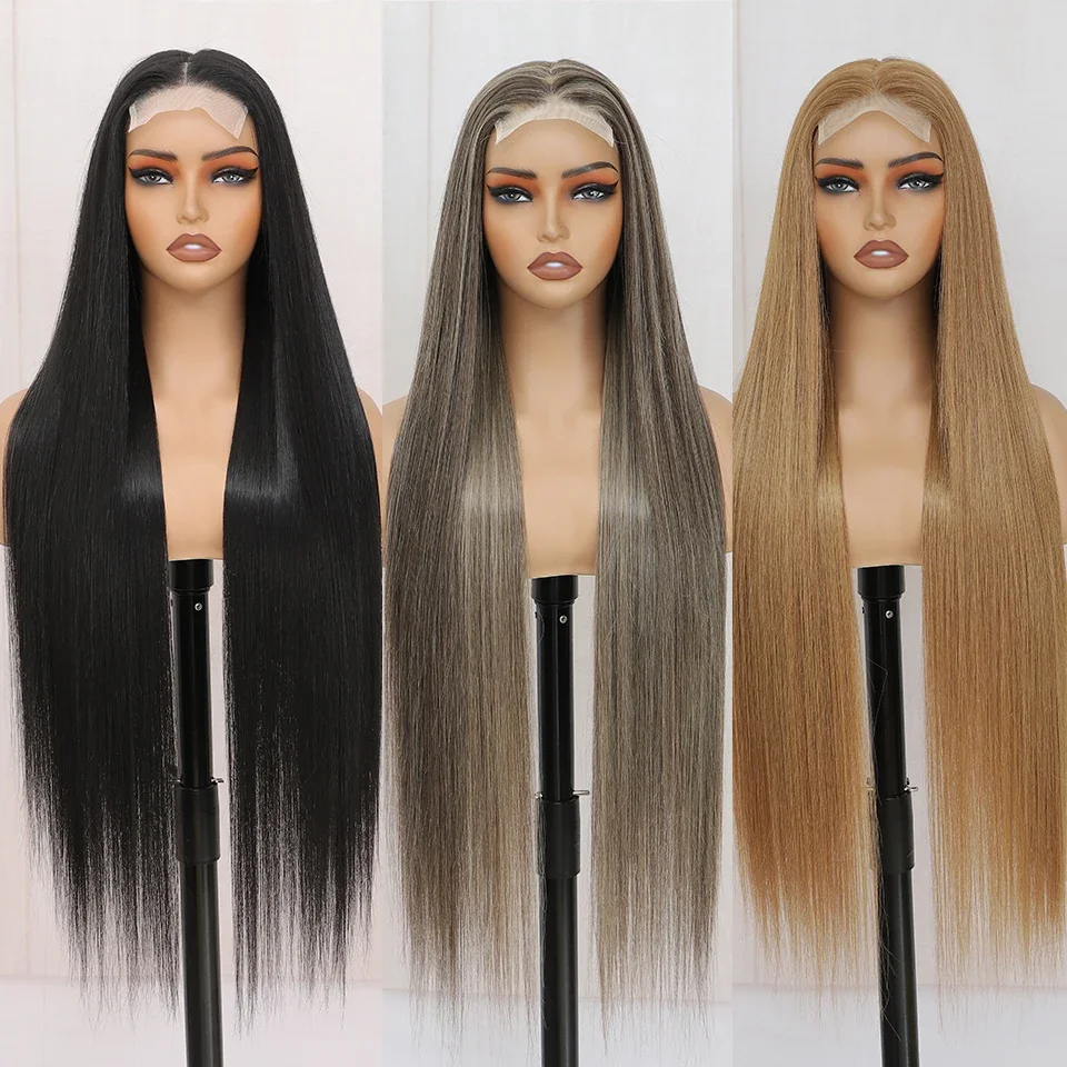 

Straight Synthetic Bio Lace Front Wig Female 36 Inch Long Ombre Brown Red Gold Highlight Lace Front Wig Cosplay Wig