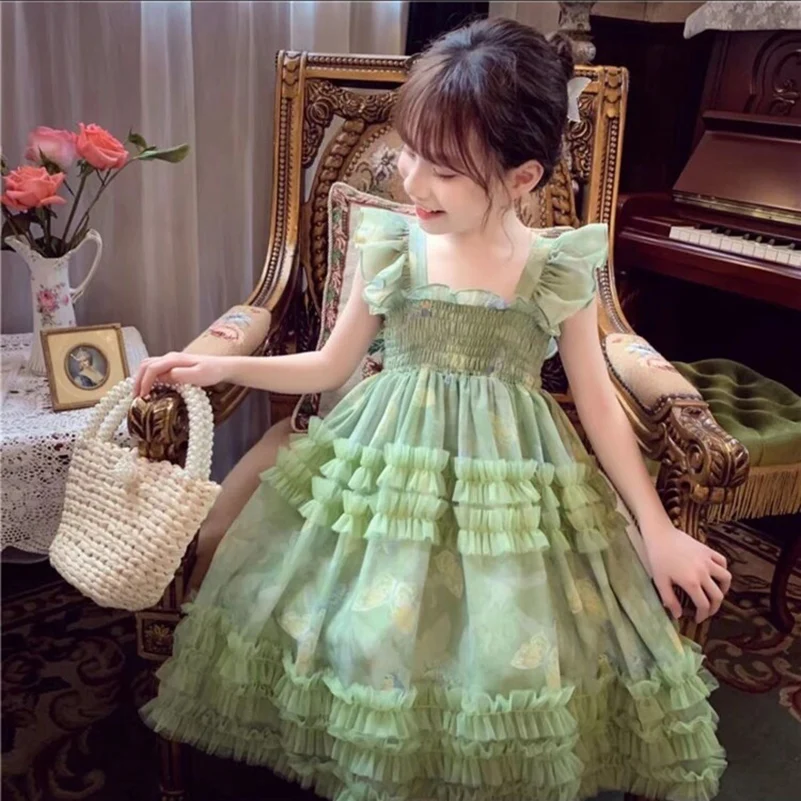 Summer girl children\'s fashionable dress with printed green bow/suspender mesh princess skirt for children\'s clothing