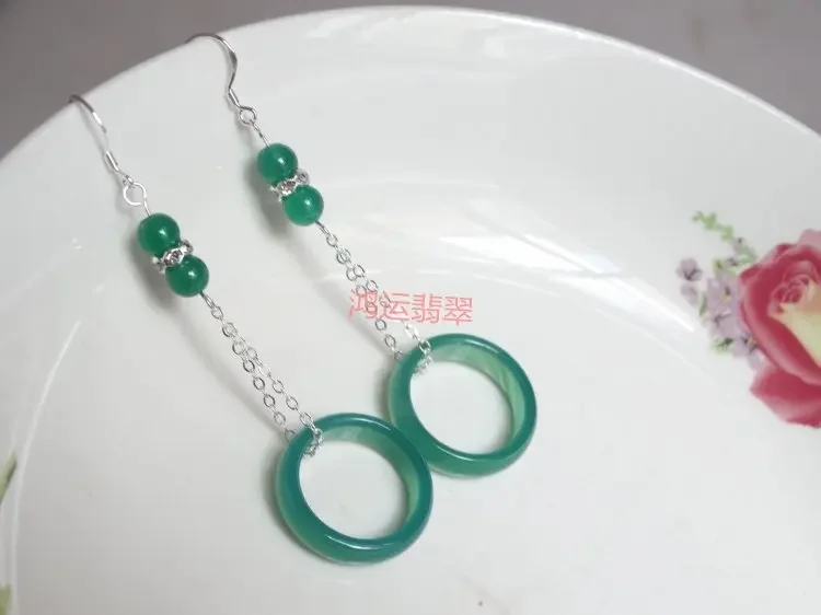 925 Silver Inlaid Natural Green Agate Ring Earrings Original DIY By Hand Accessories  Bead Gift Women Stone Jewelry