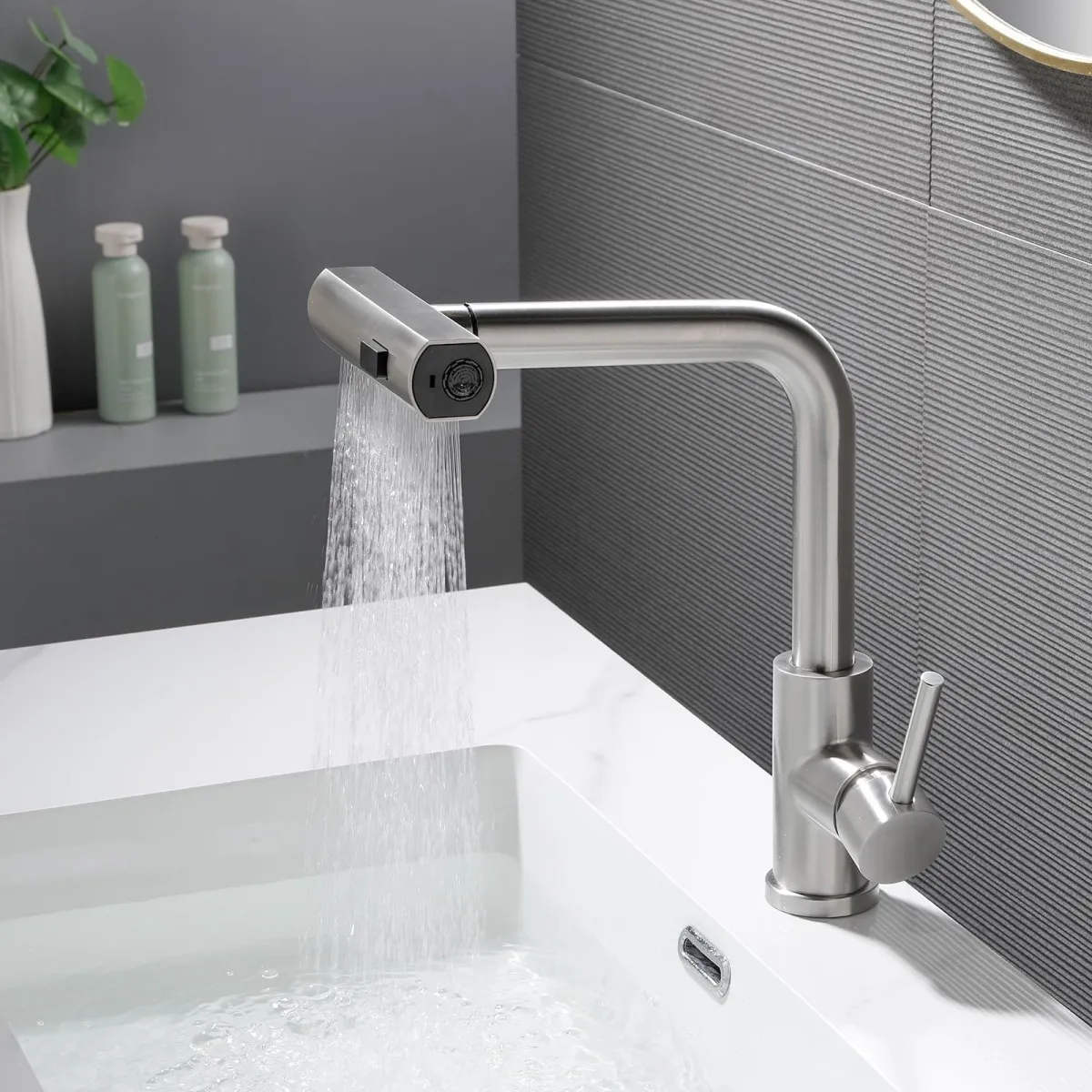 

360° rotating, 3-mode waterfall pull-out kitchen faucet, suitable for kitchen sinks, made of stainless steel.