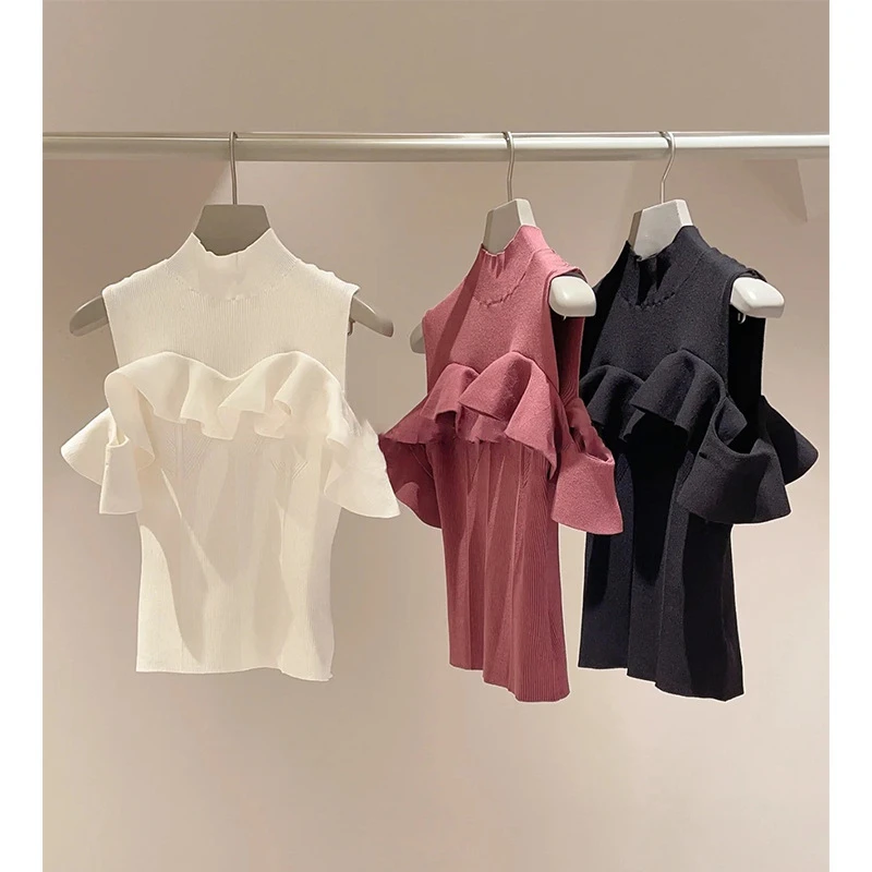 Kuzuwata Japan Half High Collar Off Shoulder Pullover 2024 Spring Summer Ruffled Sweet Sweaters Solid Color Slim Stretch Jumper