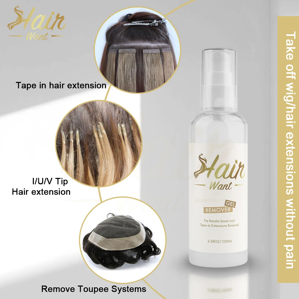 Hair Want-removedor de Gel prepegado, cinta de queratina para extensiones de peluca, cinta adhesiva, 100ML