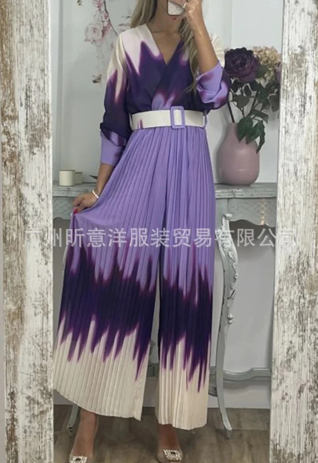 

2023 Woman Long Jumpsuits Elegant V-Neck Gradient Tie Dyed Printed Long Sleeved Draped Jumpsuit New Fashion Casual One Pieces