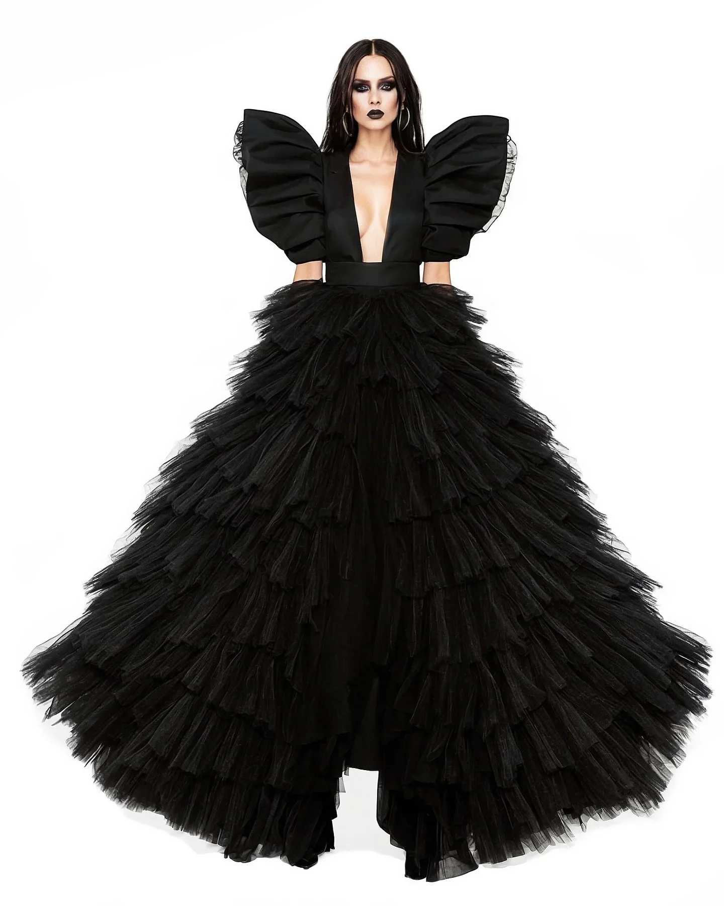 

Amazing Black With Layered Detachable Train Gothic Deep V-neck 2 Pieces Wedding Gowns Long Split Satin Formal Dresses
